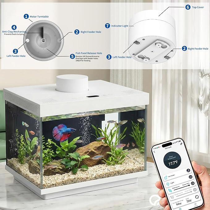 Smart Fish Tank, 2 Gallon Glass Aquarium Starter Kit with App Control, Auto Feeder, Temperature Display, RGB Color Light 3-in-1 Quiet Pump with Filter for Home, Office Corner