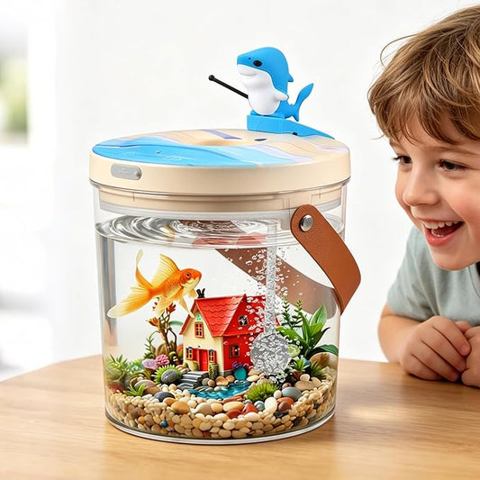 Portable Mini Fish Tank, Rechargeable,with Air Pump Oxygenation, and Multi-Color Automatic Switching LED Lights. 0.3 Gallon Plastic Aquarium for Travel