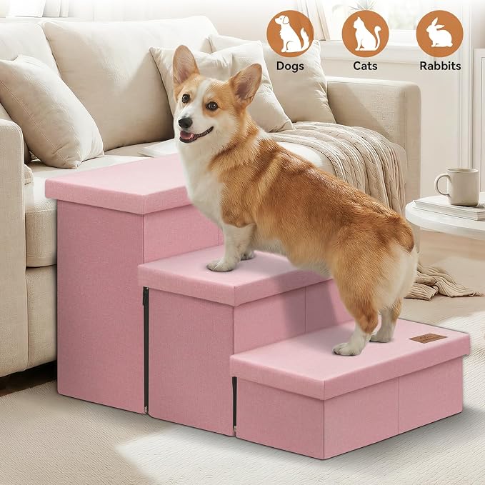 Zerbuger Dog Stairs with Storage, Pink 3 Steps Dog Ramp no Condo for Bed | 18" H Wider Dog Steps for High Beds Couch, Folding Storage Pet Stairs Gift for Climbing Small/Medium/Large Old Dogs Cats