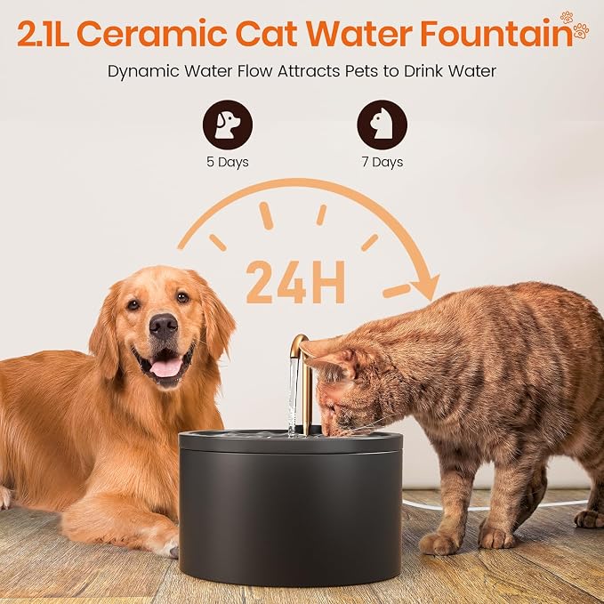 MISFANS Ceramic Cat Water Fountain, All-Ceramic Body, Pure Copper Spout | 2.1L/71oz Capacity, Under 20dB Pump, Dual Filtration, Faucet and Fountain Modes, Easy-Clean Unit, 3 Filters and Sponge, Black