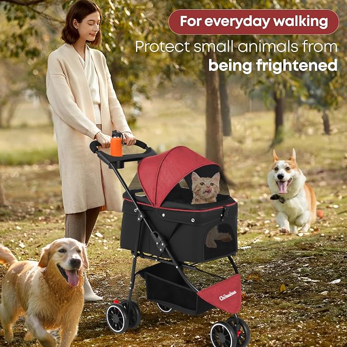 Pet Stroller,Dog Stroller for Small Medium Dogs Cats,3 Wheels,Red+Black | Foldable,with Breathable Mesh Canopy,Cup Holders,Easy Assembly