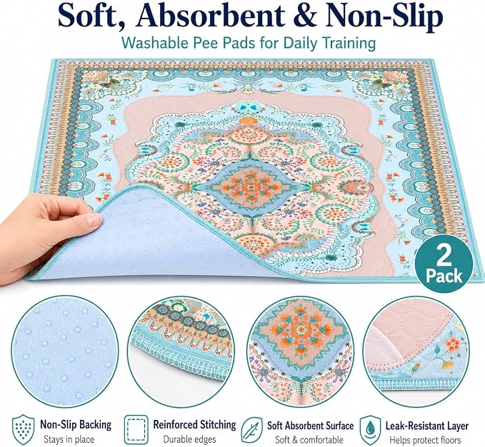 Washable Pee Pads for Dogs, 18"x24", 2 Pack Reusable Puppy Training Pads | Super Absorbent, Leak-Resistant and Non-Slip for Puppy Training, Crates, Playpens, Whelping and Senior Dog Care
