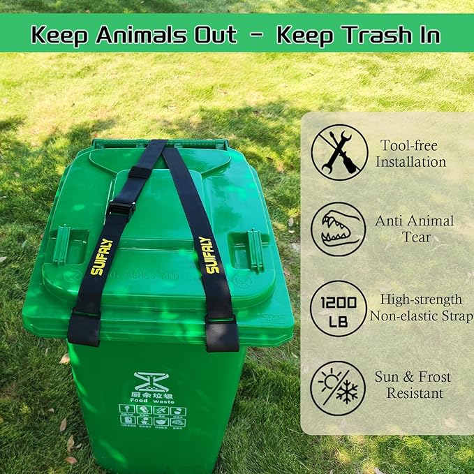 Trash Can Locks with Self-Locking Buckle – Heavy Duty Adjustable Bear Proof Lid Straps for 28-96 Gallon Bins, Animal-Proof Garbage Can Lock for Raccoons, Squirrels, Wildlife (1)