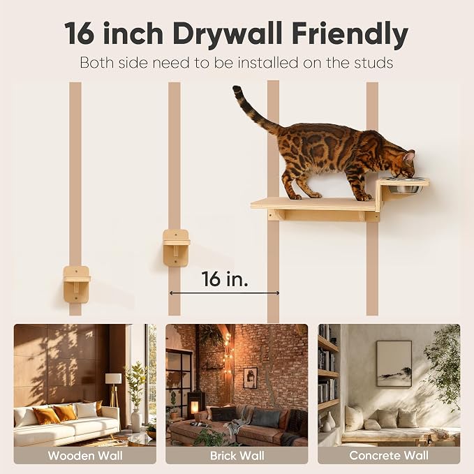 FUKUMARU Cat Wall Shelves, Food Station with 2 Steps | 3 in 1 Cats Walls Furniture Set, Birch Plywood Perch, Suitable for Kitten Play, Nap, Eat, DIY Wall Jungle Gym