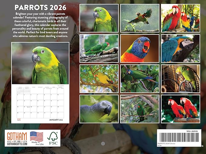 Parrot Calendar 2026 Wall Monthly Parrots Gifts For Parrot Lovers Women Men | American Made In The USA