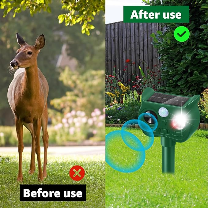 Solar Ultrasonic Animal Repellent Outdoor Motion Sensor Deer Repellent Devices Squirrel Cat Raccoon Rabbit Deterrent with Strobe Light Dual Mode, Keep Skunk Away Protection for Yard Garden Lawn 2PCS