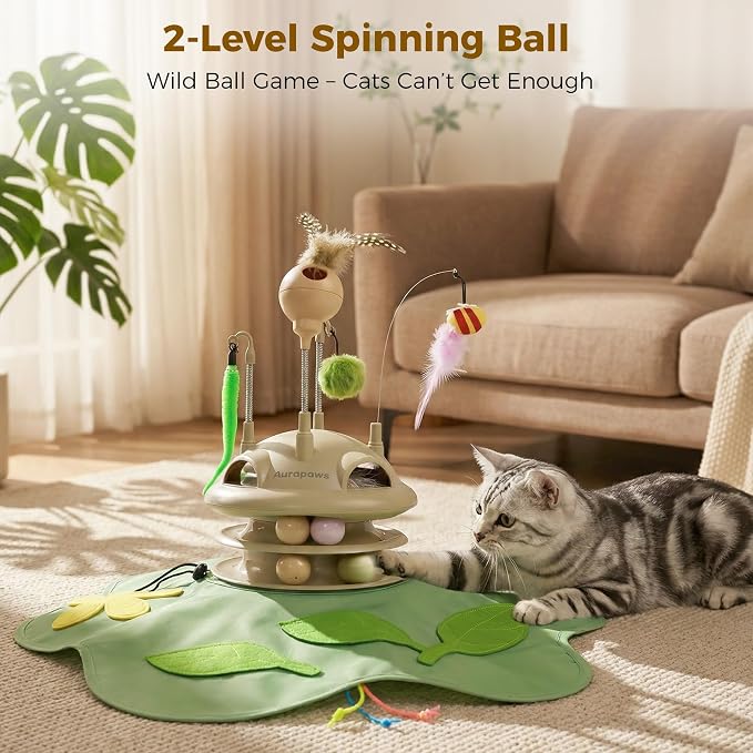 Cat Toys Rechargeable, 6-in-1 Automatic Interactive Cat Toys | Touch Activated Hide and Seek,Moving Feather,Spring Teaser,Treat Dispensing,Dual Track Balls with Chirping for All Breeds