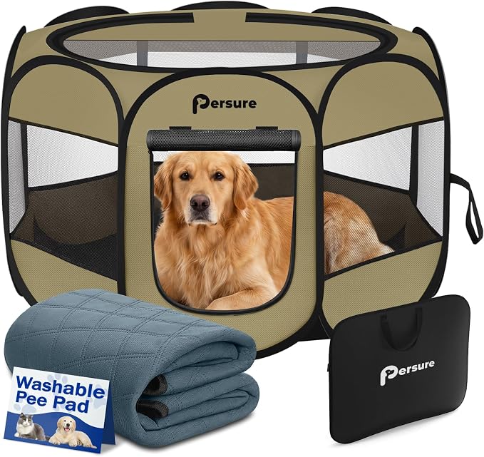 Persure Dog Cat Pet Playpen Puppy Crate Cage for Indoor Outdoor Travel | Nursing Rest Zone Recovering Pet Quarantine Room Portable Pop Up Easy to Set up lightweight Carrying Bag(Khaki with Pad,Large