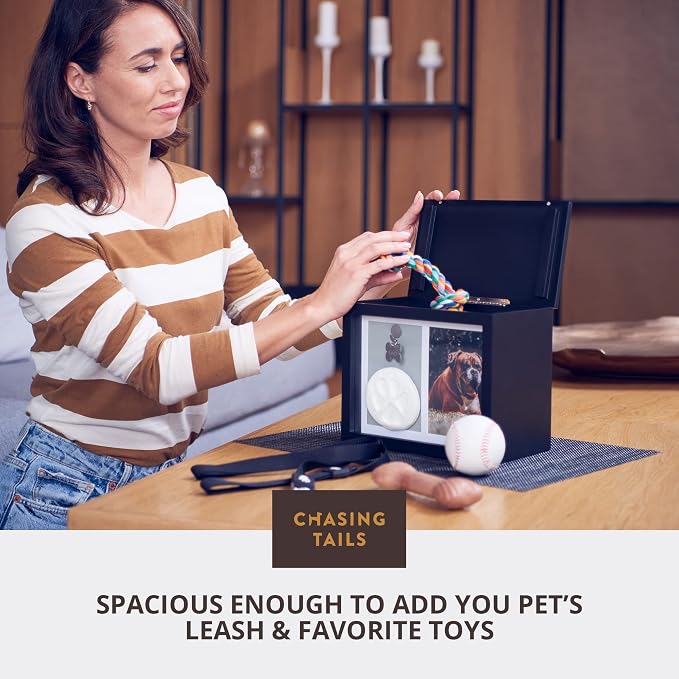 Chasing Tails Pet Urns for Dogs Ashes Keepsake - Memorial Dog Urns for Ashes Personalized, Cat Urns for Ashes, pet urns for Dogs Ashes Small - Includes Pet Paw Print Kit, Picture Frame and Photo Book