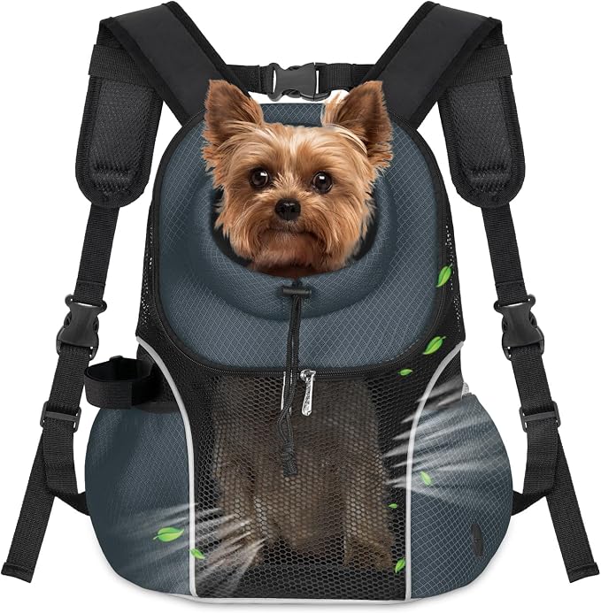 WOYYHO Pet Dog Carrier Backpack, Ventilated Mesh Small Dog Front Backpack | Breathable Puppy Back Pack, with Safety Belt, Storage Pockets, for Travel Hiking Cycling Outdoor Adventures, Dark Gray, L