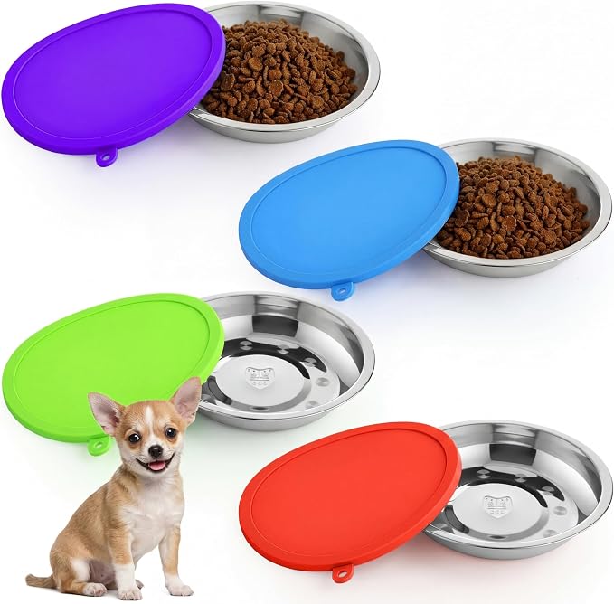 Patelai Stainless Steel Dog Bowls with Silicone Lids for 1.9 Cups Portable Food and Water Dishes for Pets Sealable Containers for 6.3" for Cats & Small Dogs(8 Pcs,Red,Blue,Green,Purple)