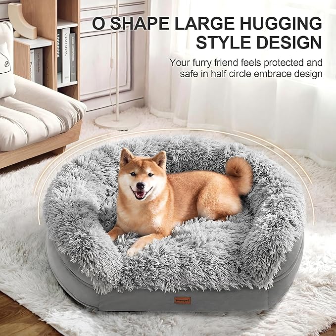 iweepet Fluffy Calming Orthopedic Dog Beds for Large & Extra Large Dogs, Supportive Dog Sofa Bed with 3.7 inch 28D Egg-Crate Foam, Removable Washable Plush Cover, Waterproof Lining,44’’,Grey