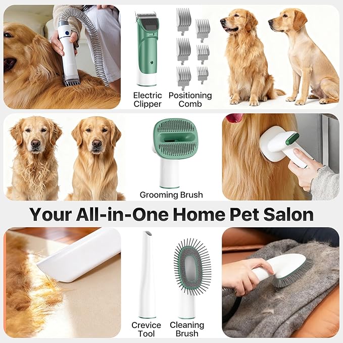 Buenkee Dog Grooming Vacuum Kit, 15000Pa Clipper, Shedding Brush, 2L, Green | Brush, trim and deshed at home with less flying fur, mess-control suction and fewer emptying breaks during longer sessions
