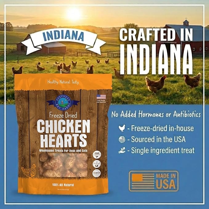 Shepherd Boy Farms Freeze Dried Chicken Hearts for Dogs & Cats – 100% Natural, Single-Ingredient Dog Treats & Cat Treats, High-Protein Organ Meat, Grain Free, Made in USA, 3oz