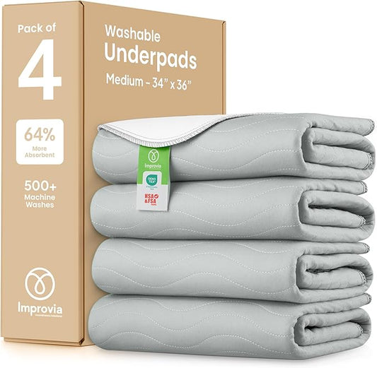 MPROVIA® Washable Underpads, Heavy Absorbency Reusable Incontinence Pads for Kids, Adults, Elderly, and Pets, Waterproof Protection Floor (Gray, 34"x36" (Pack of 4))