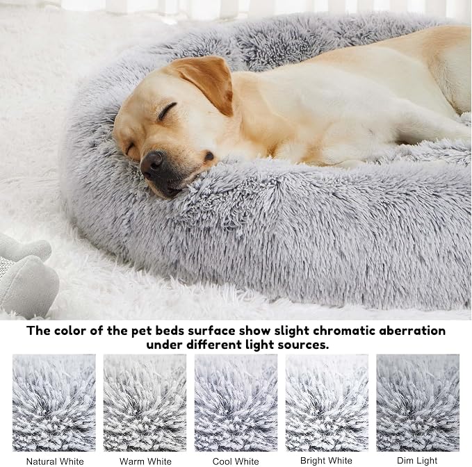 Western Home Calming Donut Large Dog Bed Pet Bed,36" Light Grey | Fluffy Faux Fur Round Cuddler,Anti-Anxiety,Anti-Slip Bottom,Plush Round Pet Dog Beds for Large Sized Dogs,Up to 80 LBS