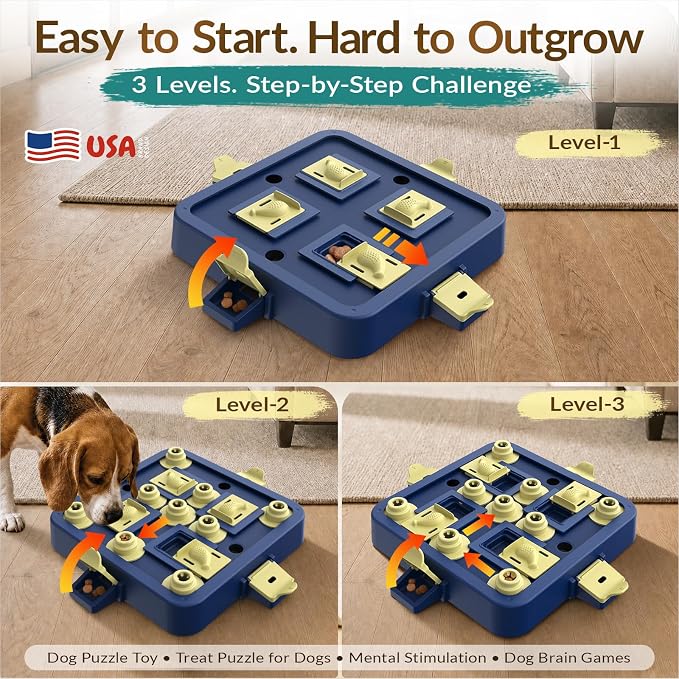 KADTC Dog Chess Puzzle Toy, 3-Levels, Mental Stimulation for Smart Dogs | Large size. Beginner-to-Advanced challenge beats boredom, burns energy, builds focus, slows eating, rewards sharper thinking.