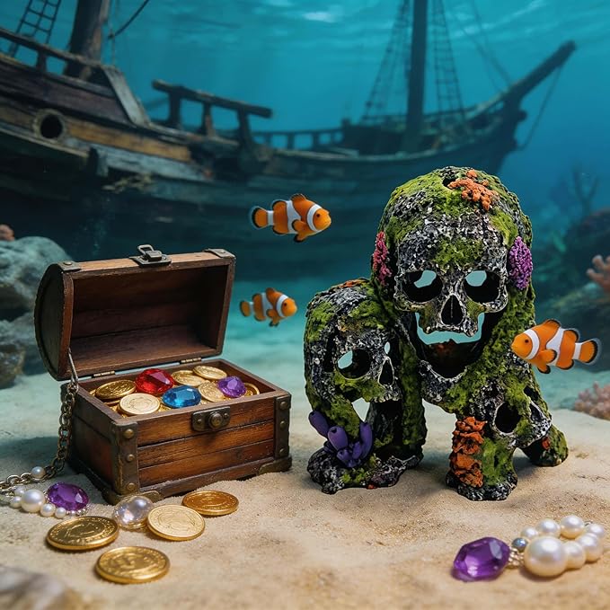 Betta Fish Tank Decorations Hideout - Triple Skull Hiding Cave for Aquarium, Resin Ornament with Artificial Moss Texture and Multiple Entrances for Shrimp, Small Fish - 7.3x4.9x6.1inch
