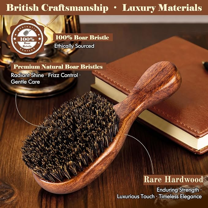 Small 100% Boar Bristle Hair Brush Since 1965 British Craftsmanship | Handmade Natural Wooden Travel Hairbrush/Beard Brush, Soft Bristles Gentle Smoothing Women Men Kids Thin Fine Hair, Portable