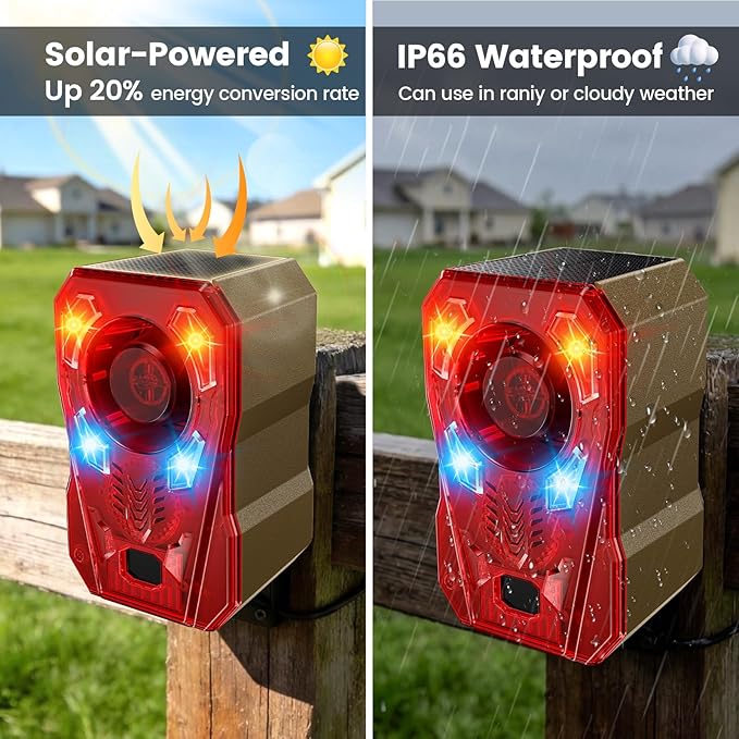 Upgraded Motion Sensor Alarm Outdoor, Radar + IR Dual Protection to Deter Deer, 130dB Dog Bark w Strobe Light, 10 Sounds & 20S Recording, Solar Waterproof Motion Detector for Garden Yard Farm