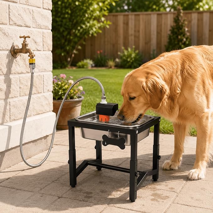 2 Gallon Elevated Large Dog Water Bowl, Automatic Dog Water Bowl Dispenser, 4 Adjustable Height Raised Dog Bowl Stand for Large Breed Relief Joint Pressure, Easy Clean for Indoor & Outdoor Uses