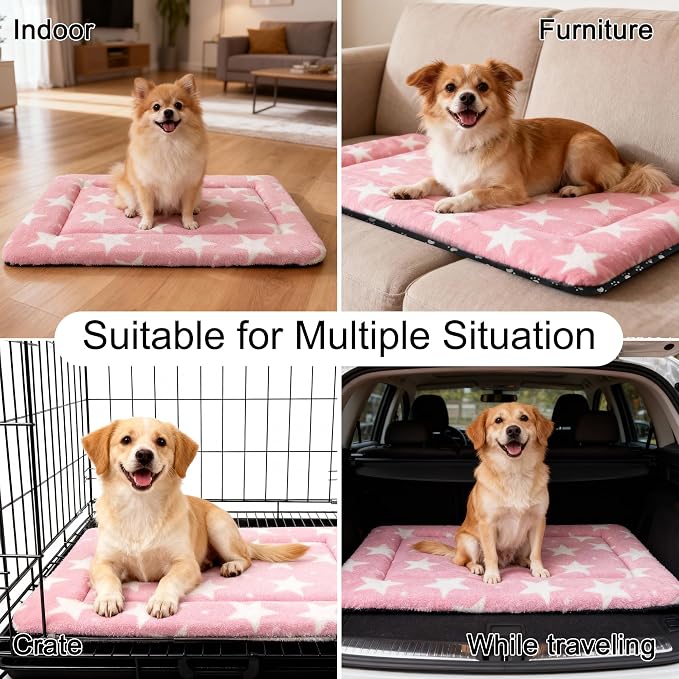 Washable Dog Bed Plush Orthopedic Outdoor Crate Mat with Non-Slip Bottom,Luxe Soft Kennel Pad for Pets, Cozy Cage Cushion & Pet Sleeping Mattress Large Sized,Medium,Small Dogs,30 x 20 inch,Pink