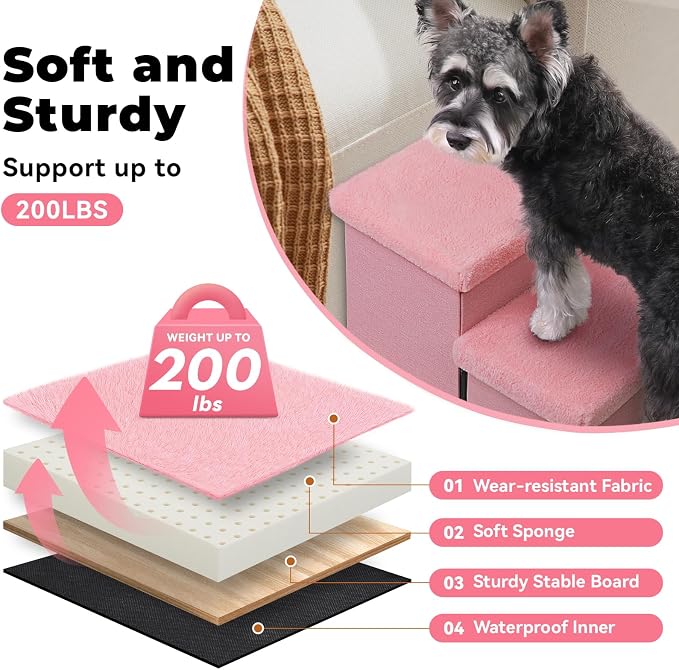 Zerbuger Dog Stairs with Storage, Pink Furry Lids 3 Steps Dog Ramp no Condo | 18" H Wider Dog Steps for High Beds Couch, Folding Storage Pet Stairs Gift for Climbing Small/Medium/Large Old Dogs Cats