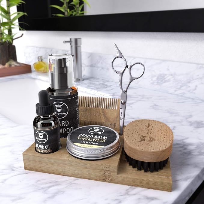 Striking Viking Beard Grooming Kit with Caddy - 7 Piece Set, Sandalwood | Softening Sandalwood Beard Oil & Balm - Brush with Mustache Comb & Scissors - Compact Caddy Organizer & Gifts for Men