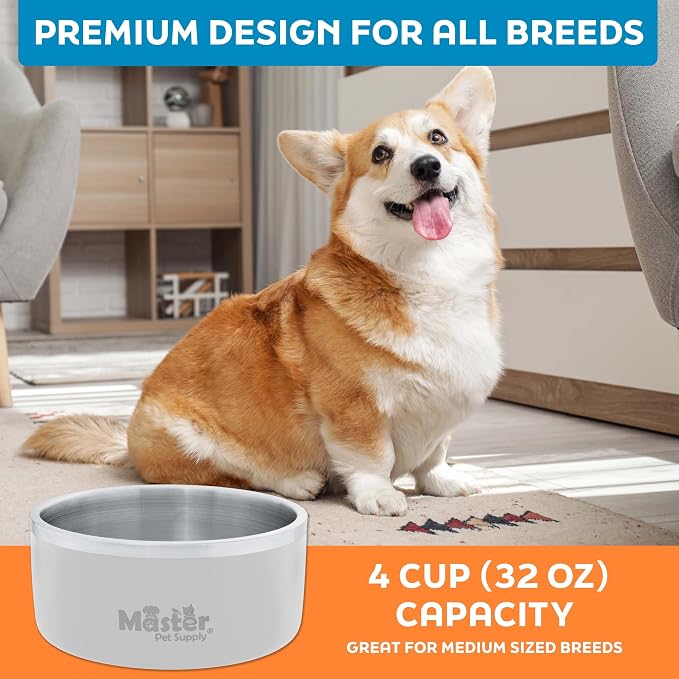 Master Pet Supply Stainless Steel Dog Bowls - 32 oz, Heavy Duty - Bone White, Double Wall Extra-Thick Insulated, Non-Slip Pet Water Bowl for Dogs, Cats & Pets, Anti Rust Metal, Dish Washer Safe