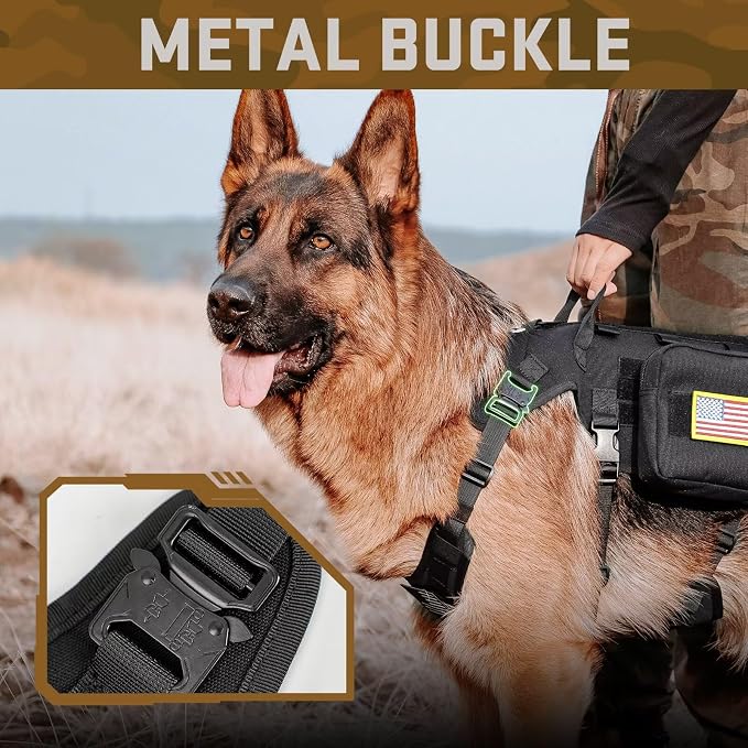 Forestpaw Tactical Dog Harness for Medium Dogs,Tactical Dog Collar with Bungee Leash Set,No Pull Military Dog Harness for Walking Training,Adjustable for Medium Dogs,Black,Chest 22-35"