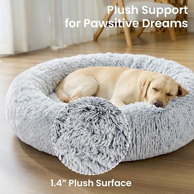 JOLLYVOGUE Calming Dog Beds Extra Large Sized Dog, 45in Donut Washable Large Pet Bed, Anti-Slip & Anti-Anxiety Fluffy Faux Fur Round Dogs Bed, Fits up to 125 lbs Pets (Smoke Grey)
