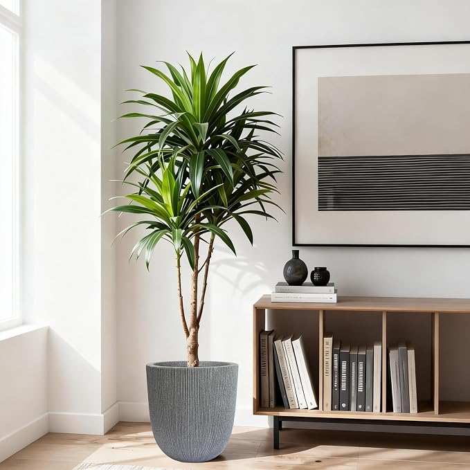12.4" Tall Round Tapered Planter - Gray Faux Cement Finish, Lightweight Durable Plastic Plant Pot with Drainage Hole & Plug, Weather & UV Resistant Pot for Plants Indoor/Outdoor Use, 10.5" Opening