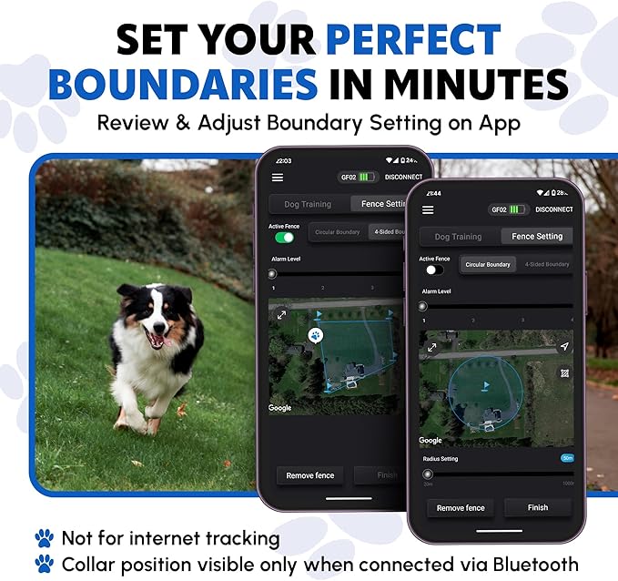 GF02e-GPS Dog Fence, Wireless Dog Fence with No Subscription, Virtual Dog Containment System with Customizable Boundary, 2-in-1 Training Collar, Waterproof & Rechargeable for Medium Large Dogs