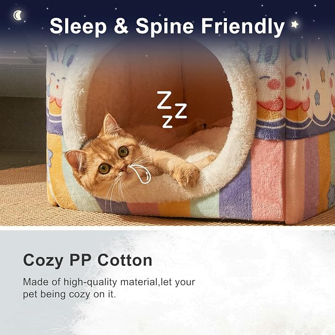 Cute Cat Beds for Indoor Cats, Foldable Cat House with Non-Slip Bottom | S Size Kitten Bed for 0-6 Lb Dogs and 0-8 Lb Cats, Rainbow,Cat Nest Puppy Cave,Soft Cozy Dog Cave Bed