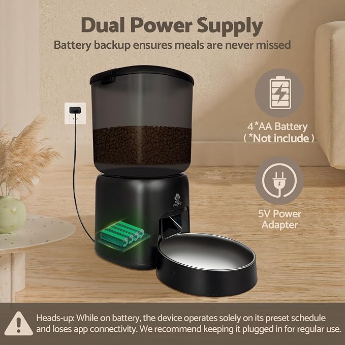 Automatic Cat Feeder, 5G WiFi Auto Cat Food Dispenser with Desiccant Bag, 5L Timed Pet Feeder with Free APP Service, Adjustable Portions Down to 1/12 Cup, Up to 10 Meals Per Day, Dual Power Supply