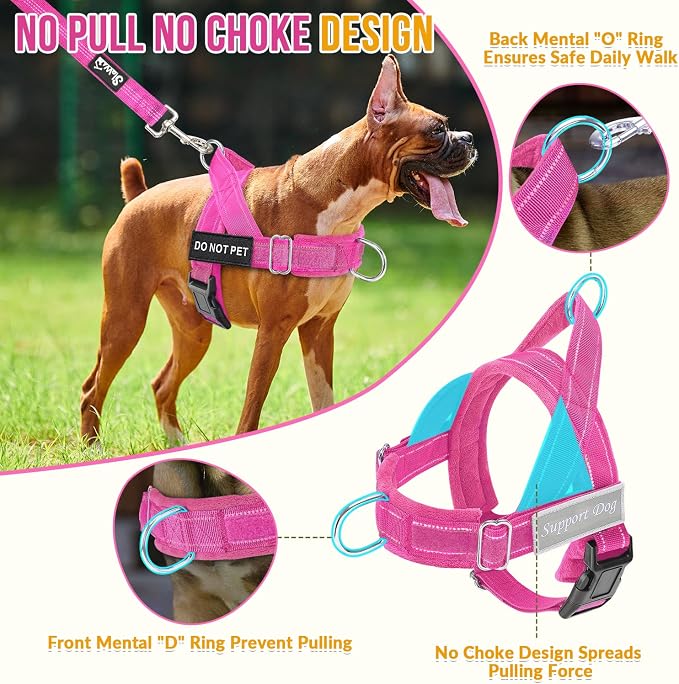 SlowTon No Pull Dog Harness with Front Clip - Heavy Duty, Soft Padded | Neck & Chest Adjustable, Tactical Pet Vest and Leash Set for Large Medium Sized Dogs, for Easy Walk & Training, Fuchsia L