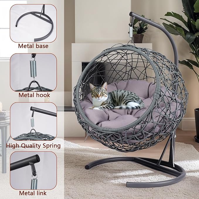 Anwick Cat Swing Bed with Stand & Cushion Indoor Outdoor, Egg Chair(Gray) | with Rattan Wicker Appearance, Indoor Hanging Swinging Hammocks for Cat, Dogs, and Small Animals Bedroom Porch