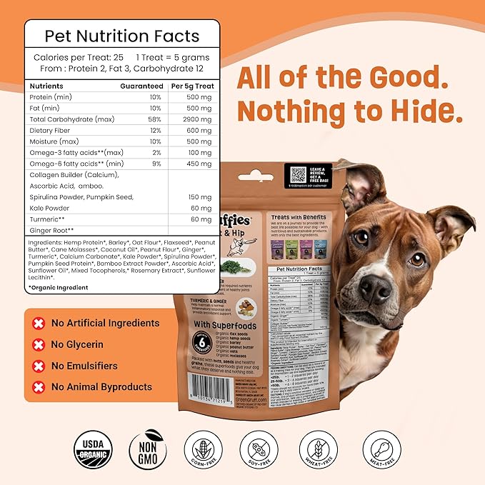 Gruffies Organic Hip & Joint Dog Treats Natural Joint Supplement for Dogs with Turmeric & Ginger, Healthy Peanut Butter Treats for Mobility, Vet Approved, Non-GMO, Made in Canada, 6 oz (Pack of 6)
