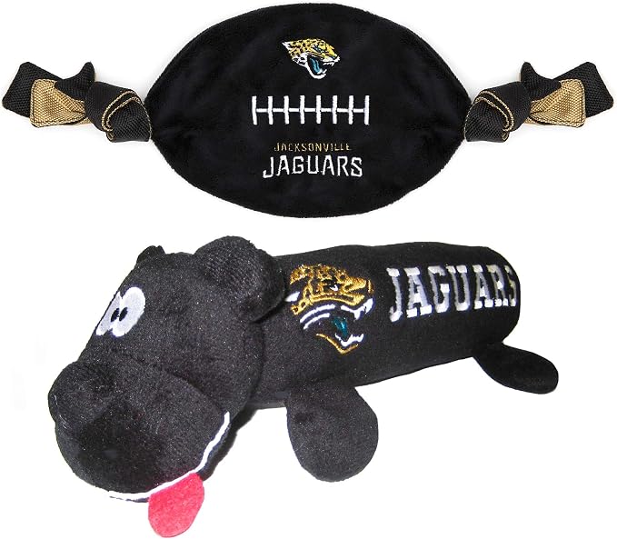 NFL Jacksonville Jaguars PET GIFT BOX with 2 Licensed DOG TOYS, 1 Logo-engraved NATURAL DOG TREAT, 1 NFL JERSEY, 1 NFL Puppy Training Bells & 1 Car Seatbelt
