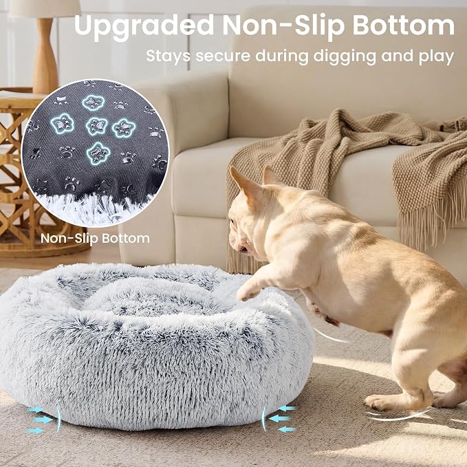 JOLLYVOGUE Small Dog Bed, Calming Dog Beds for Small Dogs & Indoor Cats - 20 Inches Donut Washable Cat Bed for Kittens & Puppies, Round Fluffy Plush Faux Fur Pet Beds(Smoke Grey)