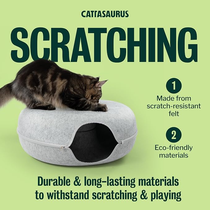 Peekaboo Cat Cave Donut for Multiple & Large Cats up to 30-45 lbs, 3-in-1 Self Warming Cat Bed, Tunnel & Scratcher for Indoor Cats, Washable & Detachable Small Dog Bed (Light Gray, Jumbo)