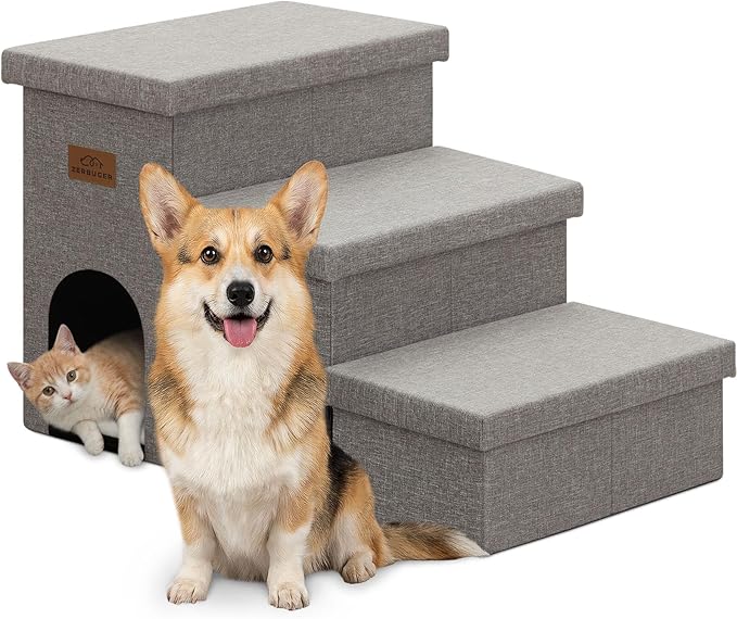 Zerbuger Dog Stairs with Storage, Grey 3 Steps Dog Ramp with Condo for Bed | 18" H Wider Dog Steps for High Beds Couch, Folding Storage Pet Stairs Gift for Climbing Small/Medium/Large Old Dogs Cats