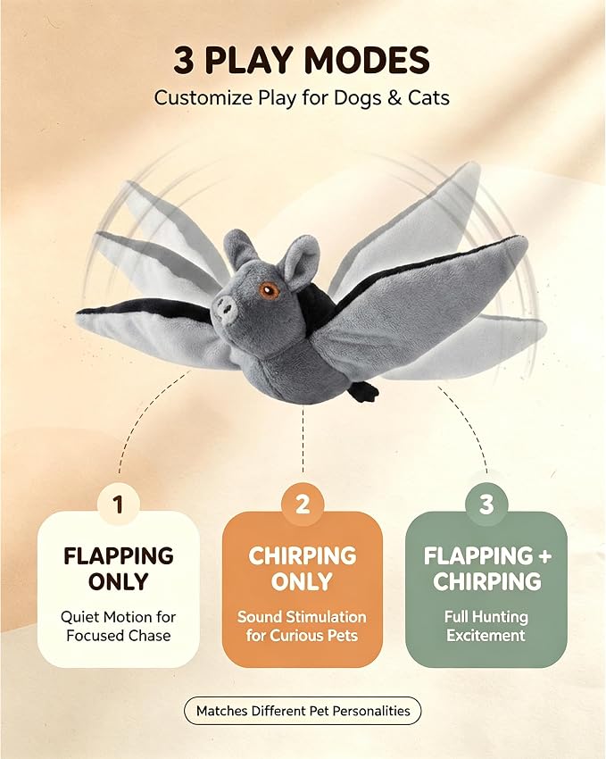 Flying Bat Dog Toy, Interactive Flying Bat Toy for Dogs with Flapping Wings, Chirping Sounds, USB Rechargeable, Touch Activated, Hanging or Floor Toy for Dogs, Puppies and Cats to Reduce Boredom，3 PCS