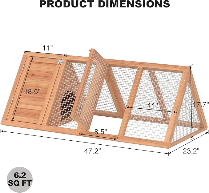Small Chicken Coop, Rabbit Hutch Outdoor, Wooden Triangle Rabbit Cage with 2 Door & Poultry Run, Portable Bunny Hutch for Chicken, Rabbit, Guinea Pigs, Hedgehog, Small Animals (Natural Wood)