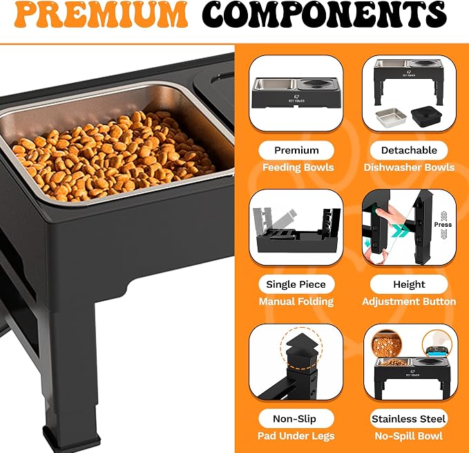 Elevated Dog Bowls, Raised Dog Bowl Stand with 4 Adjustable Heights, Stainless Steel Food Bowl & No-Spill Water Bowl – Dog Bowls Elevated for Small, Medium & Large Dogs