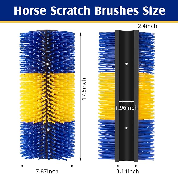 3 Pack Livestock Scratching Brush, Yellow and Blue | Animal Scratcher, Itch Relief Grooming, Horse Goat Cow Scratcher, Fence Post Mounting, Durable Bristles, Farm Livestock Care