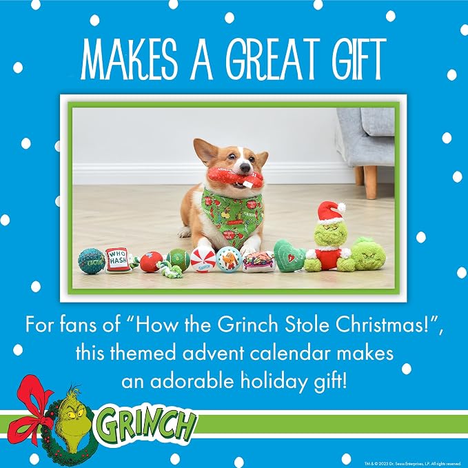 Dr. Seuss for Pets How the Grinch Stole Christmas Dog Advent Calendar with 12 Surprise Toys and Accessories, Dog Stocking Stuffers, Dog Christmas Gifts, Christmas Gifts for Dogs | Officially licensed holiday countdown calendar, includes treats and toys...