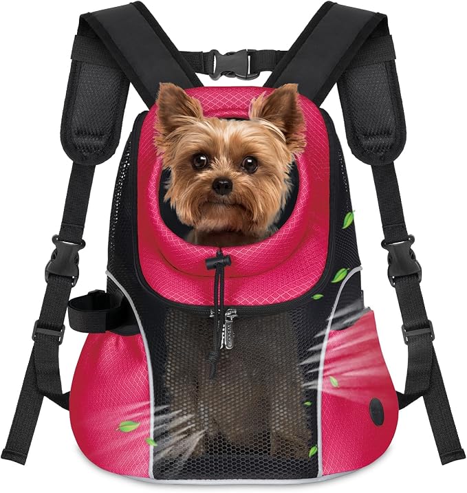 WOYYHO Pet Dog Carrier Backpack, Ventilated Mesh Small Dog Front Backpack | Breathable Puppy Back Pack, with Safety Belt, Storage Pockets, for Travel Hiking Cycling Outdoor Adventures, Rethink Pink, M