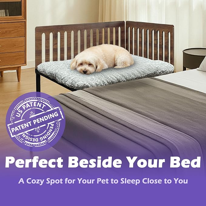 Beside Dog Bed,2 Panels Adjustable Height Dog Bunk Beds,25.6‘’x18.1‘’Metal Dogs Bed Frame with Removable Cushion,Medium (Medium)