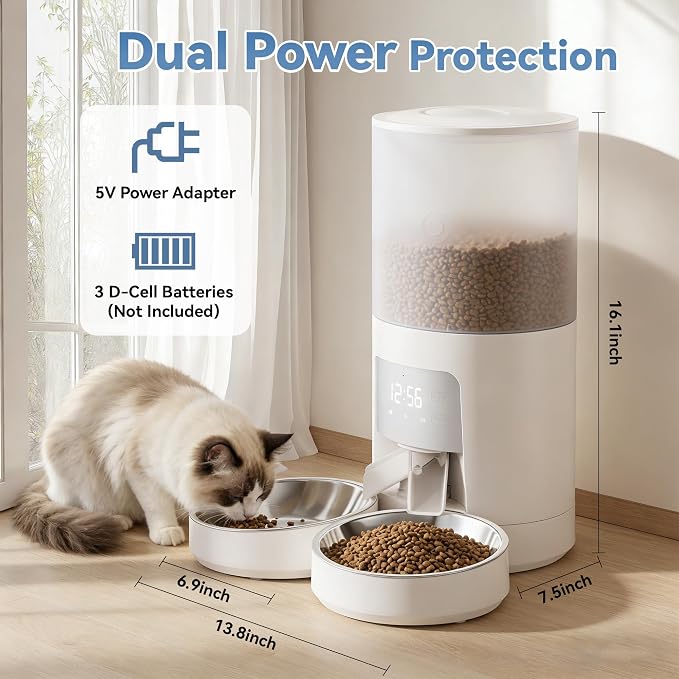 DUMOS 6L Automatic Cat Feeder for 2 Cats, Timed Pet Food Dispenser - White | 2 Stainless Bowls, 10s Voice Call, Dual Power Supply, 6 Meals Per Day, 50 Portions Per Meal, Dual Pet Feeder for Cat and Dog
